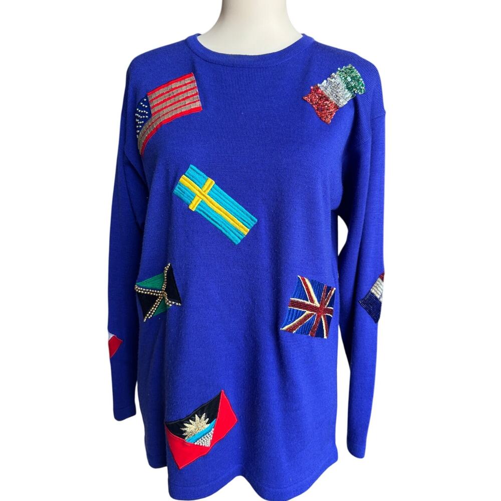 Vintage Suzelle Embellished Flags Of The World Usa Sweater Size Medium As Is